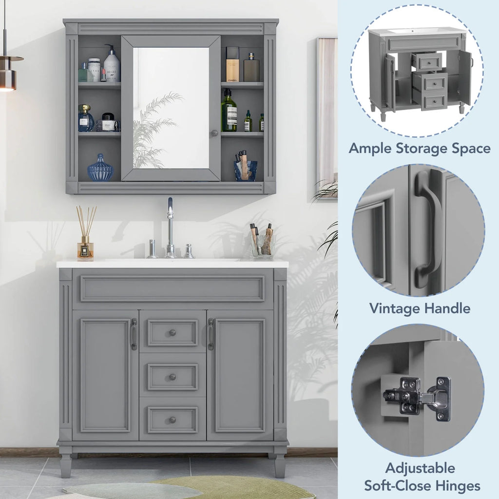 2026 Modern Bathroom Furniture Set, 36" Bathroom Vanity with Top Sink, 35" Wall Mounted Bathroom Storage Cabinet, Mirror Cabinet with 6 Shelves, Storage Cabinet with 2 Doors and 2 Drawers, Grey