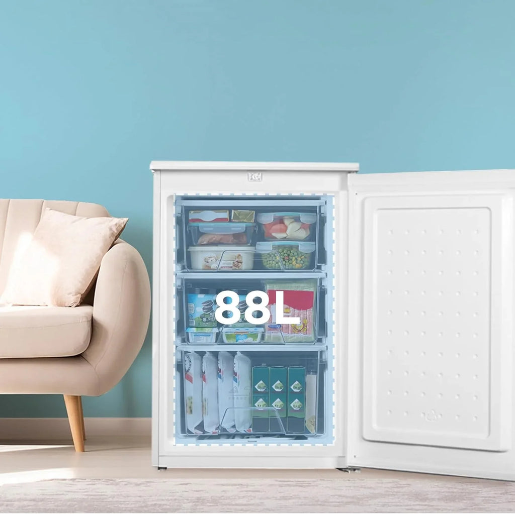 2026 COMFEE' RCU83WH3EU(E) Congelador vertical independiente 88 Litros, 3 cajones, Congelador de gran capacidad, Termostato ajustable, Puerta reversible, Blanco