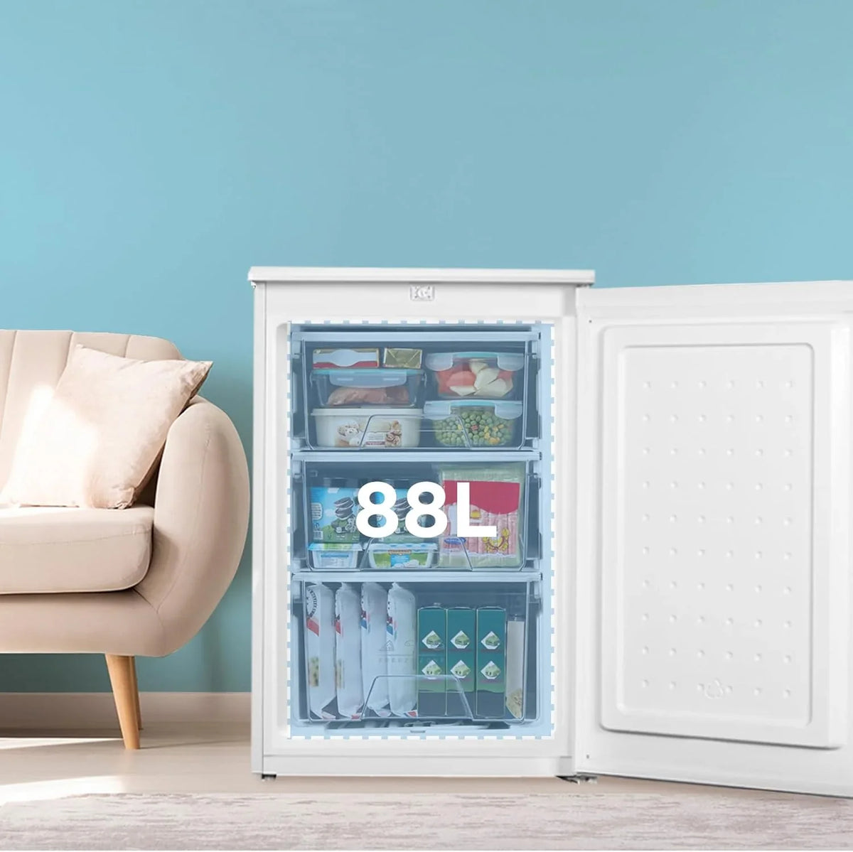2026 COMFEE' RCU83WH3EU(E) Congelador vertical independiente 88 Litros, 3 cajones, Congelador de gran capacidad, Termostato ajustable, Puerta reversible, Blanco