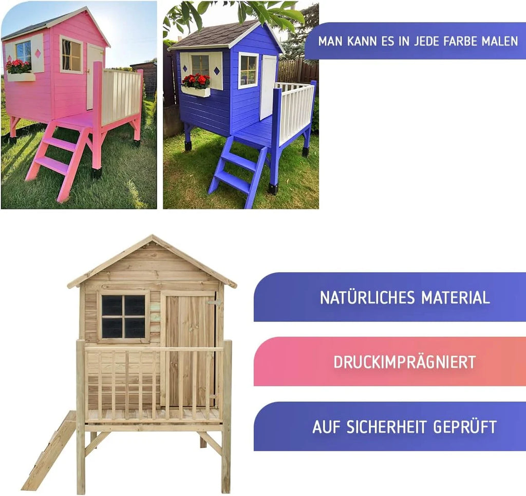 Casita de juegos infantil de jardín 2026 – Casita de juegos exterior para niños – Fabricada en madera de pino cepillada impregnada – Casita de juegos de jardín original y única – Tipo de madera: Pino cepillado