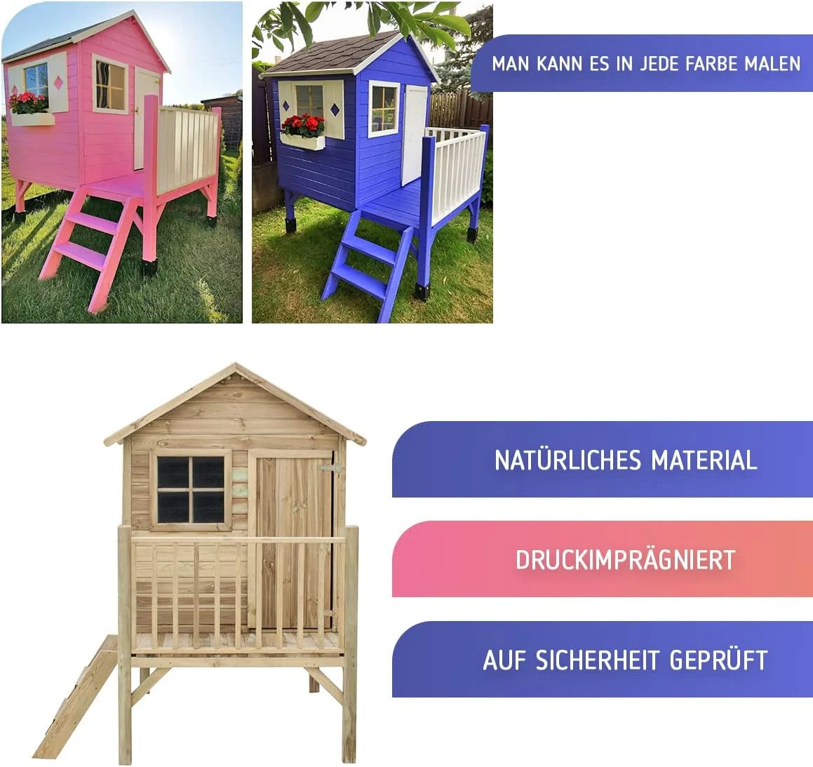 Casita de juegos infantil de jardín 2026 – Casita de juegos exterior para niños – Fabricada en madera de pino cepillada impregnada – Casita de juegos de jardín original y única – Tipo de madera: Pino cepillado