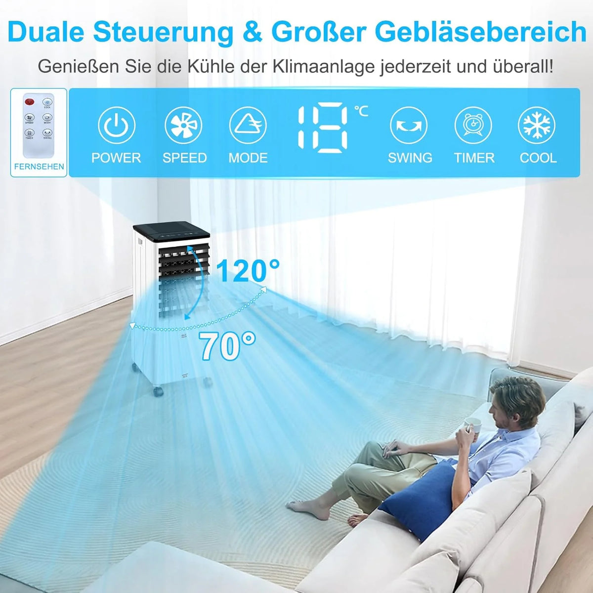 Aire acondicionado portátil 2026 sin manguera de escape, 14L 60W, con temporizador de 12 horas, 3 modos, 40dB, oscilación de 120°, depósito de agua extraíble, mando a distancia, silencioso, ideal para apartamentos y habitaciones.