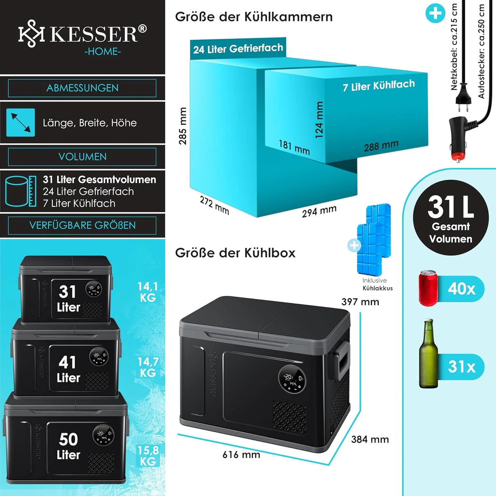 Nevera portátil KESSER 2026 con compresor, 2 en 1, doble zona de refrigeración y congelación, con congelador eléctrico, 2 acumuladores de frío y control táctil LED | Refrigerador con capacidad de enfriamiento hasta – 20 °C para camping, coche y
