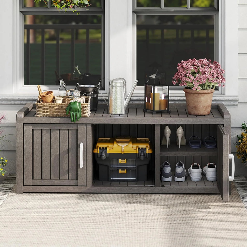2026 KAMABOKO Outdoor Shoe Storage Cabinet, Waterproof UV-Resistant Entryway Storage Bench Indoor Outdoor with 2 Barn Doors, Adjustable Shelves for Entryway, Bedroom, Hallway,Living Room(Black)