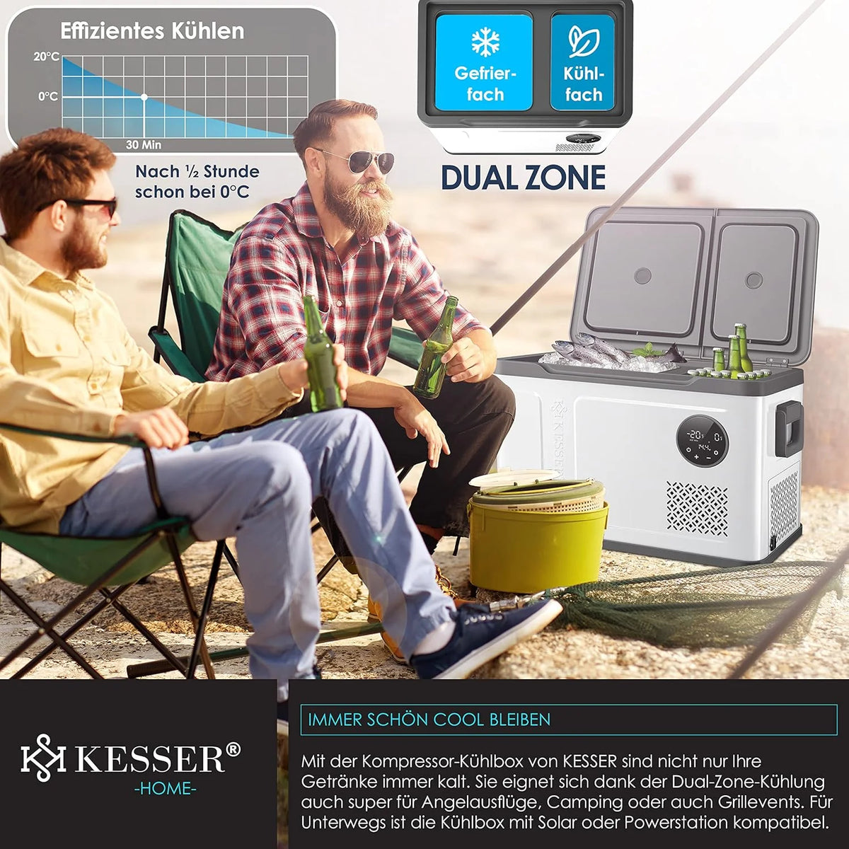Nevera portátil KESSER 2026 con compresor, 2 en 1, doble zona de refrigeración y congelación, con congelador eléctrico, 2 acumuladores de frío y control táctil LED | Refrigerador con capacidad de enfriamiento hasta – 20 °C para camping, coche y