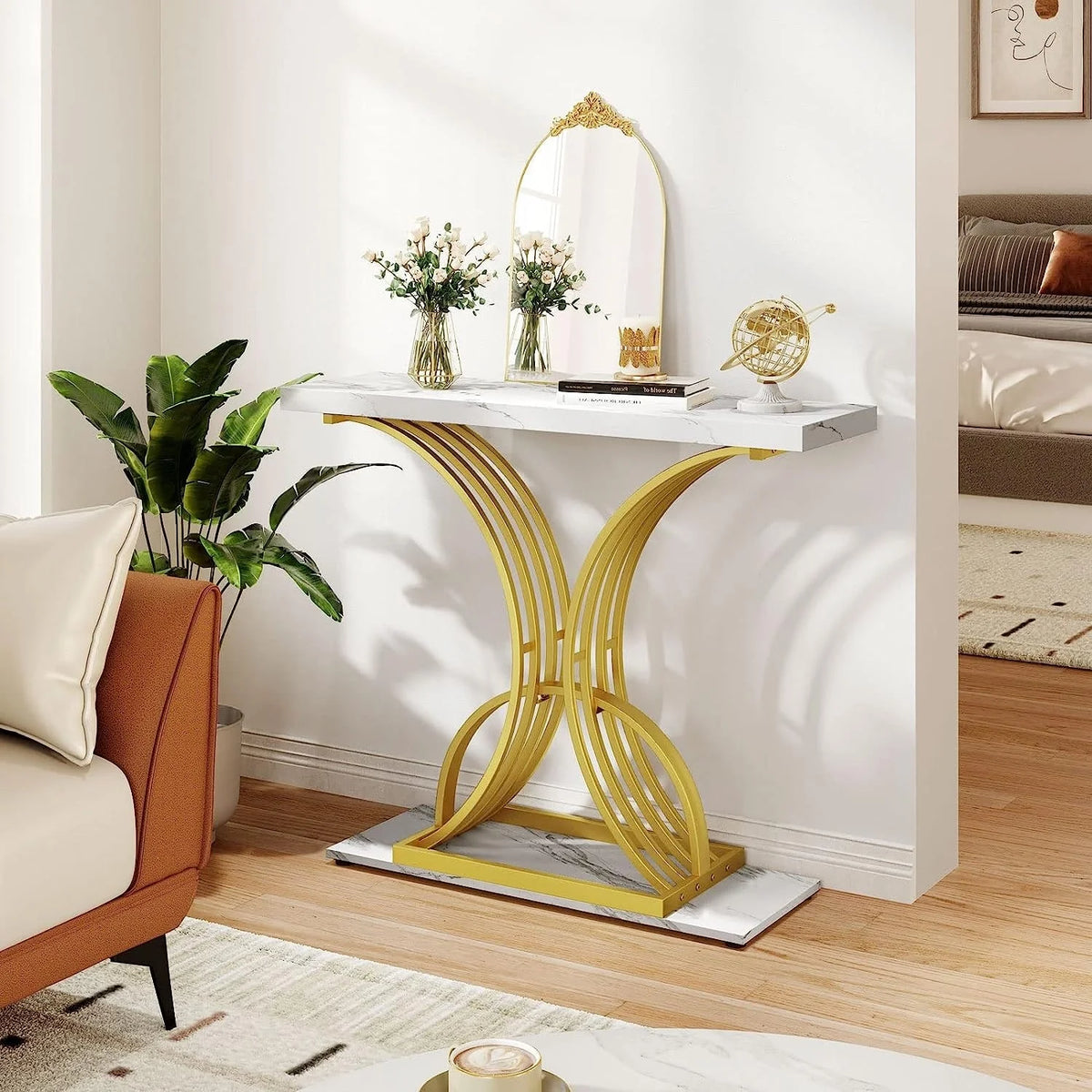 2026 Modern Gold Console Table with Marbled Top, Sofa Table for Entryway and Hallway