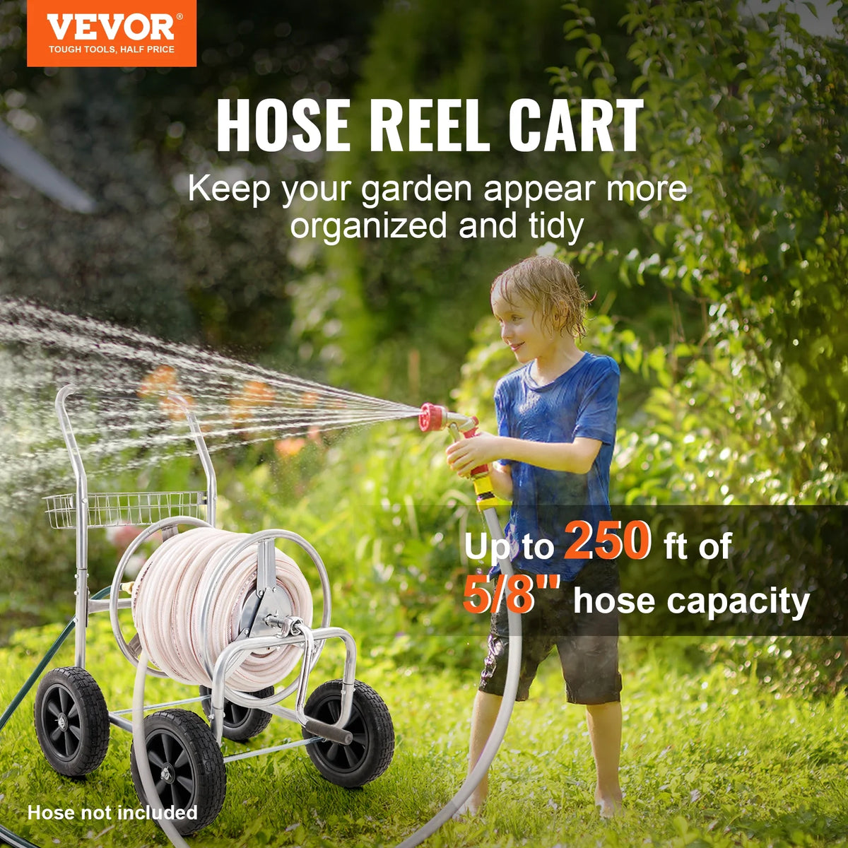 2026 VEVOR Hose Reel Cart, Hold Up to 250 ft of 5/8���� Hose, Garden Water Hose Carts Mobile Tools with 4 Wheels, Heavy Duty Powder-coated Steel Outdoor Planting with Storage Basket, for Garden, Yard, Lawn
