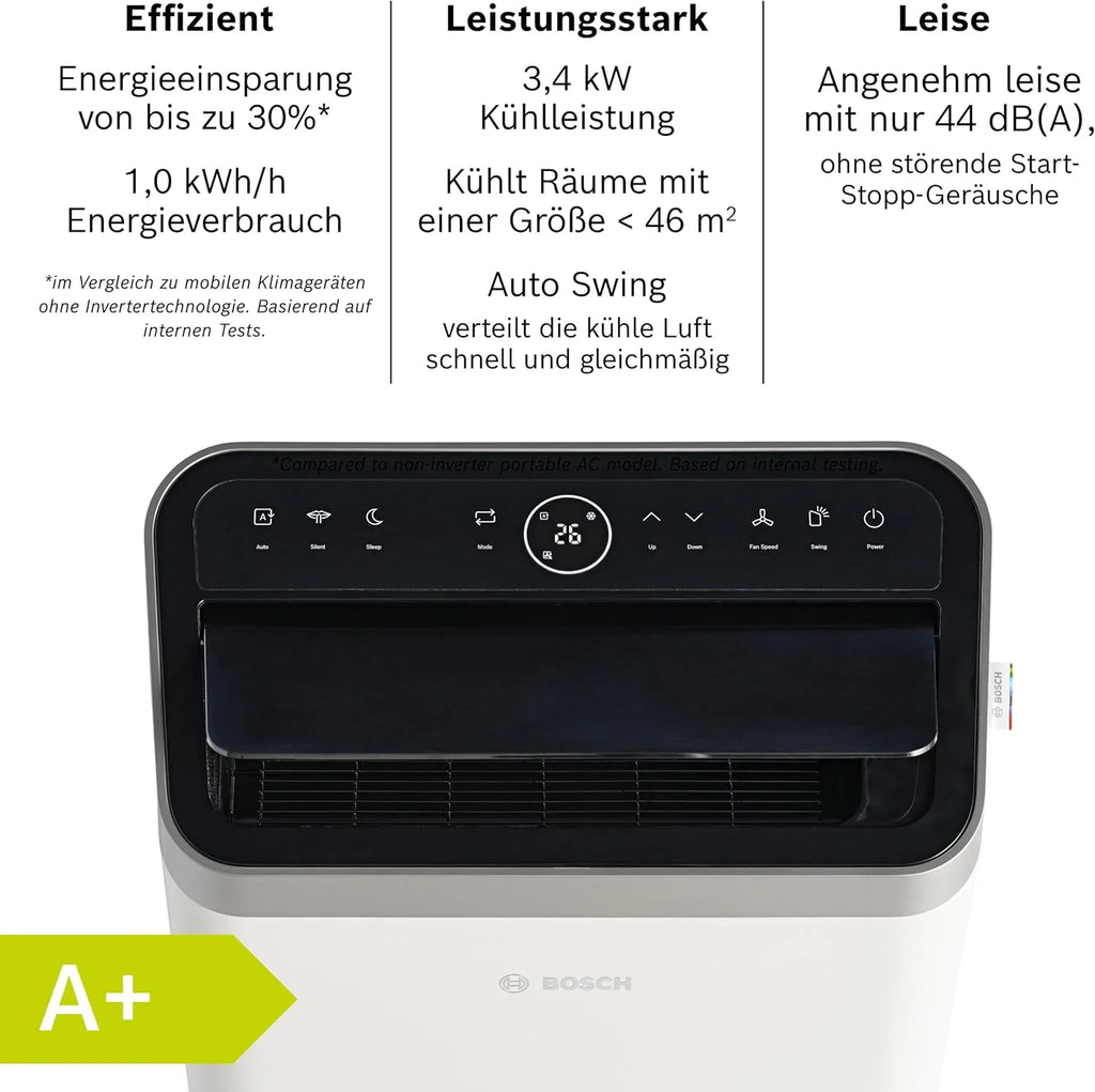 Aire acondicionado portátil Bosch Cool 4000 (modelo 2026) – 3 en 1: Aire acondicionado, deshumidificador y ventilador – 2,6 kW para habitaciones de hasta 35 m² – Con modo automático, modo silencioso y modo reposo.