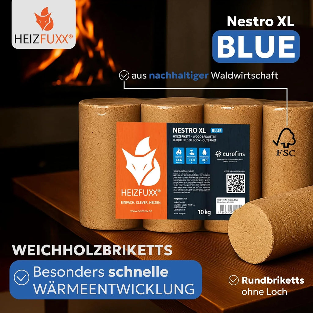 Briquetas de madera Nestro XL Blue 2026 – Palé de briquetas de madera blanda de 960 kg (96x10 kg) – Briquetas premium para chimeneas, calderas y estufas – Alto poder calorífico, bajo contenido de cenizas y máximo rendimiento energético