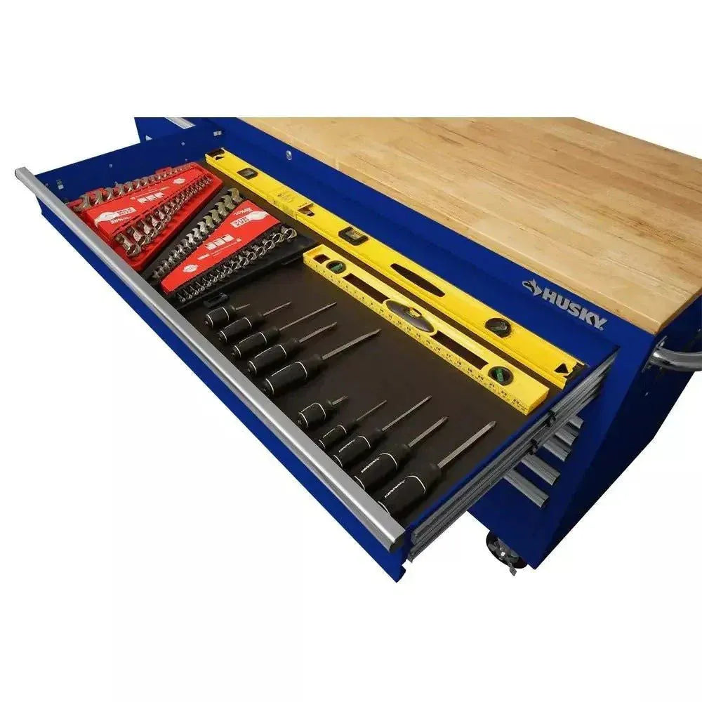 2026 Husky 72 in. 18-Drawer Mobile Workbench with Solid Wood Top in Gloss Blue