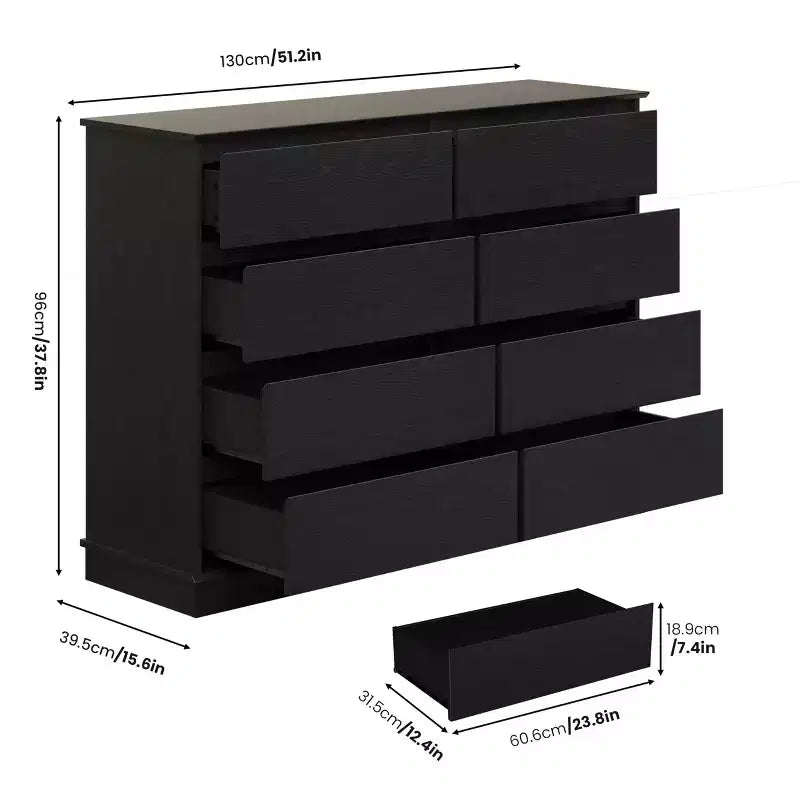 2026 Cómoda horizontal de 8 cajones – 130 cm de ancho, MDF resistente a los arañazos, cajones con acabado de lino sintético.