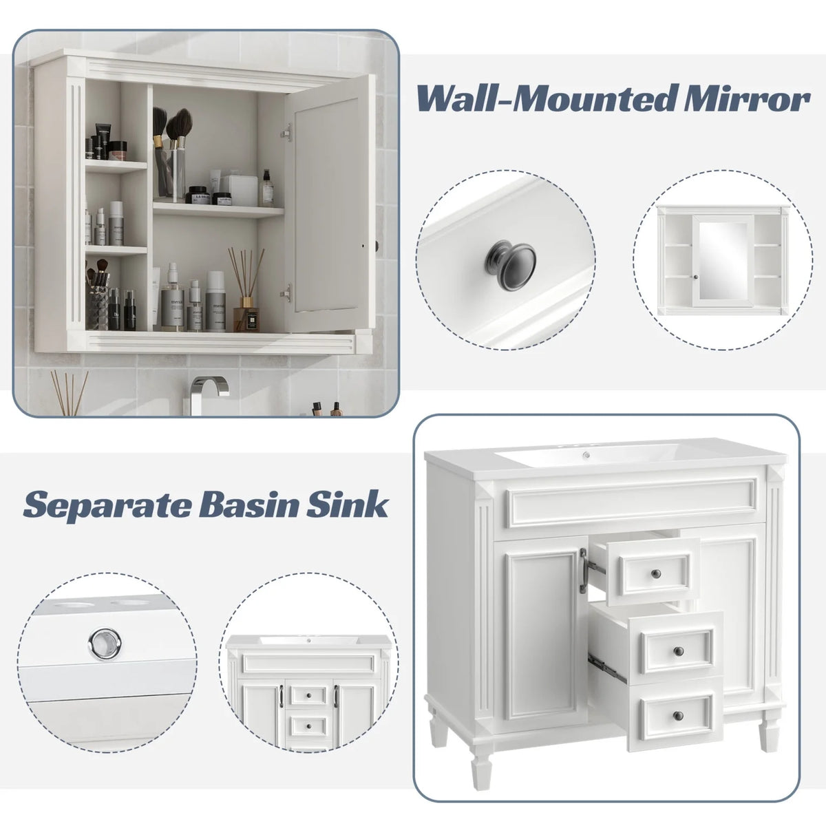 2026 Modern Bathroom Furniture Set, 36" Bathroom Vanity with Top Sink, 35" Wall Mounted Bathroom Storage Cabinet, Mirror Cabinet with 6 Shelves, Storage Cabinet with 2 Doors and 2 Drawers, Grey