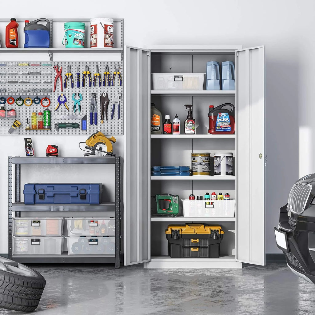 Archivador SONGMICS 2026, armario multiusos, armario de almacenamiento de acero, 5 niveles, puertas dobles, cerradura, armario para herramientas, estantes ajustables, garaje, oficina, sala de estar, gris OMC015G01