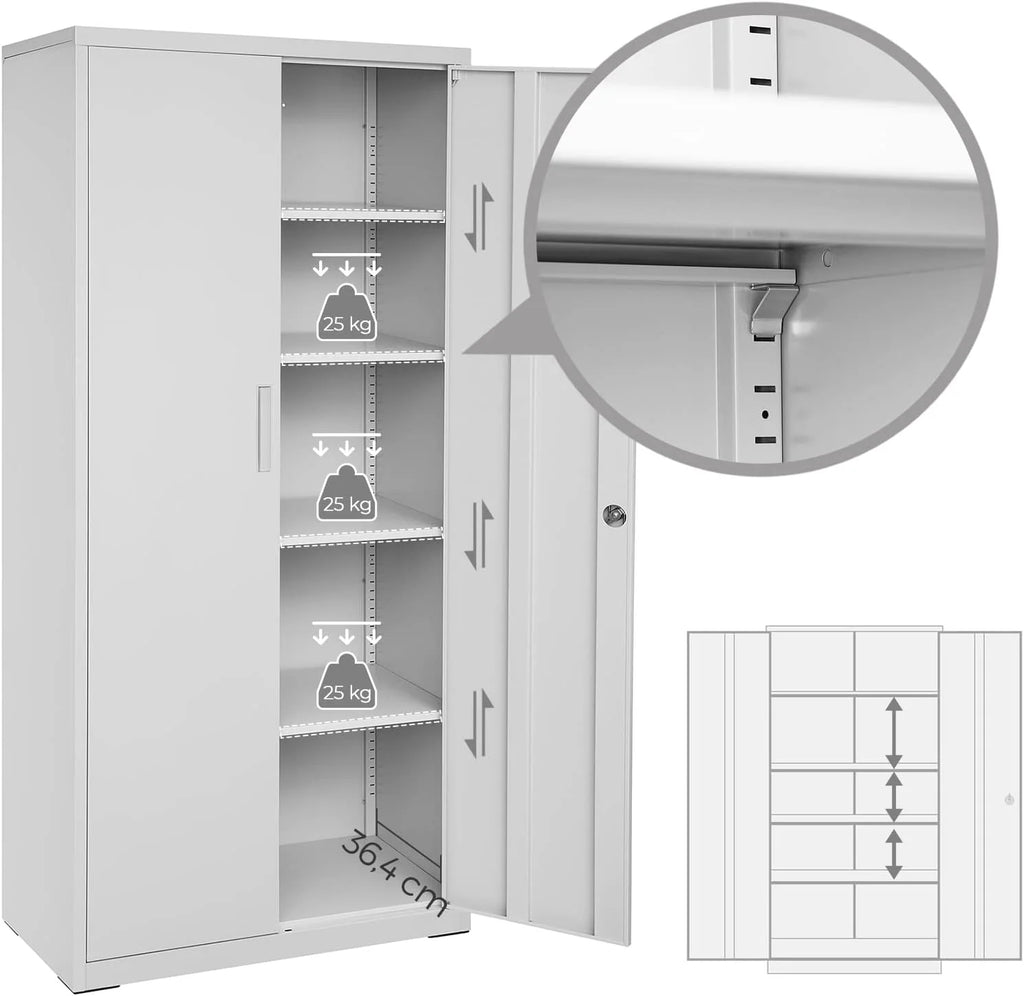 Archivador SONGMICS 2026, armario multiusos, armario de almacenamiento de acero, 5 niveles, puertas dobles, cerradura, armario para herramientas, estantes ajustables, garaje, oficina, sala de estar, gris OMC015G01