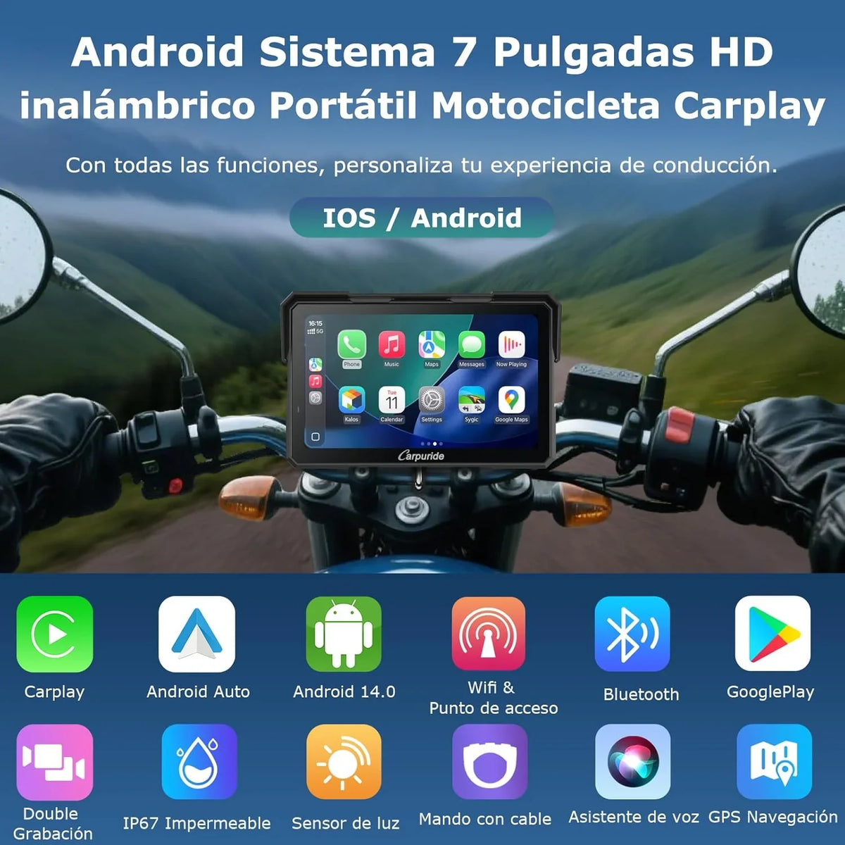 2026 Carpuride W702 Plus Android 14 Motocicleta Carplay Pantalla con Doble Cámara, CarPlay y Android Auto Inalámbricos,7" Pantalla Táctil Impermeable, Audio BT,Grabación Bucle, Navegación Online y Offline.