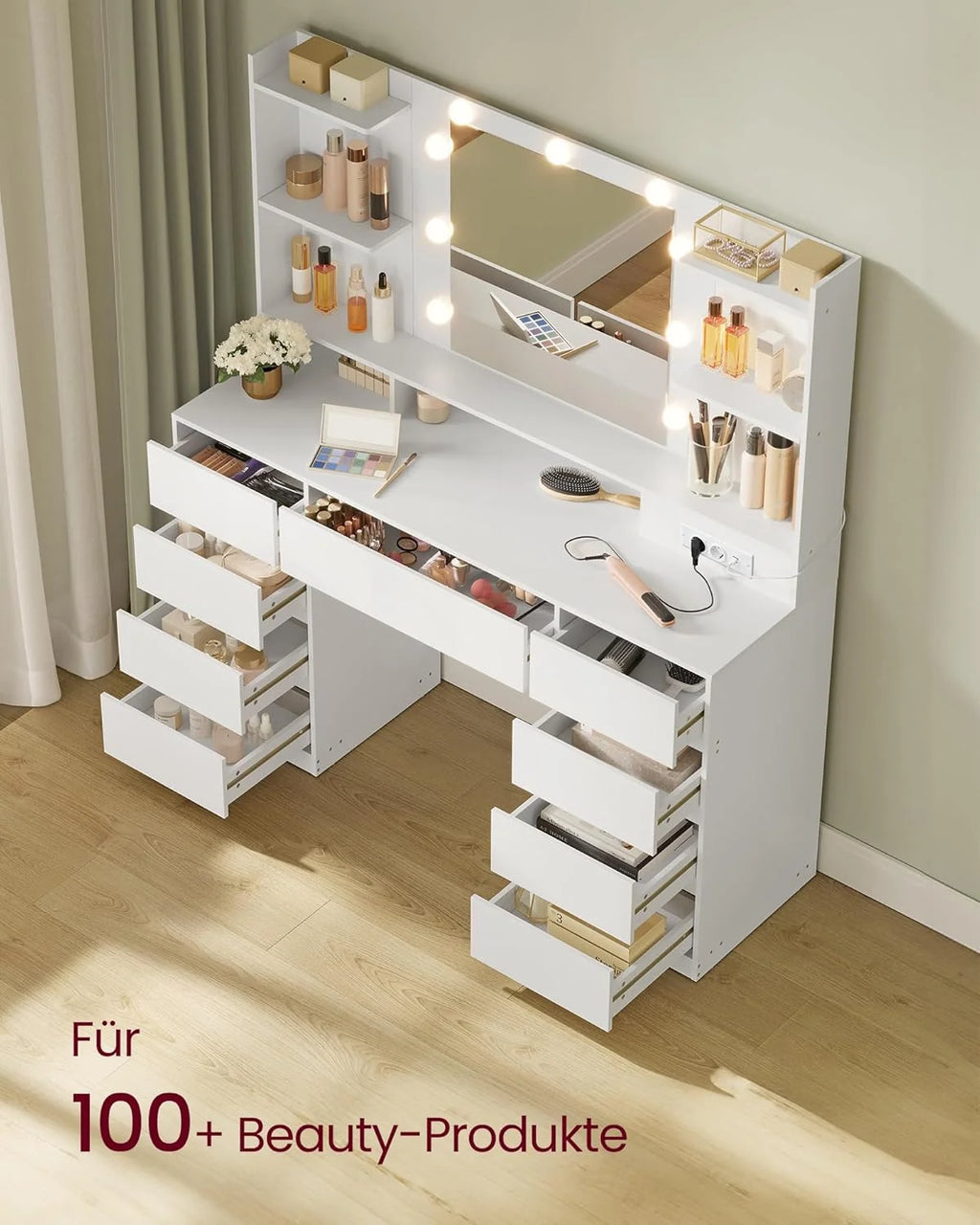 Colección Kailyn de VASAGLE 2026: Tocador con espejo y luces LED, regleta, 9 cajones, 9 bombillas regulables, 3 colores de luz, rieles deslizantes sin herramientas, blanco nube RDT141WB02