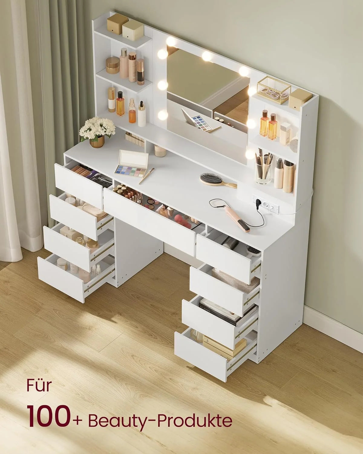 Colección Kailyn de VASAGLE 2026: Tocador con espejo y luces LED, regleta, 9 cajones, 9 bombillas regulables, 3 colores de luz, rieles deslizantes sin herramientas, blanco nube RDT141WB02