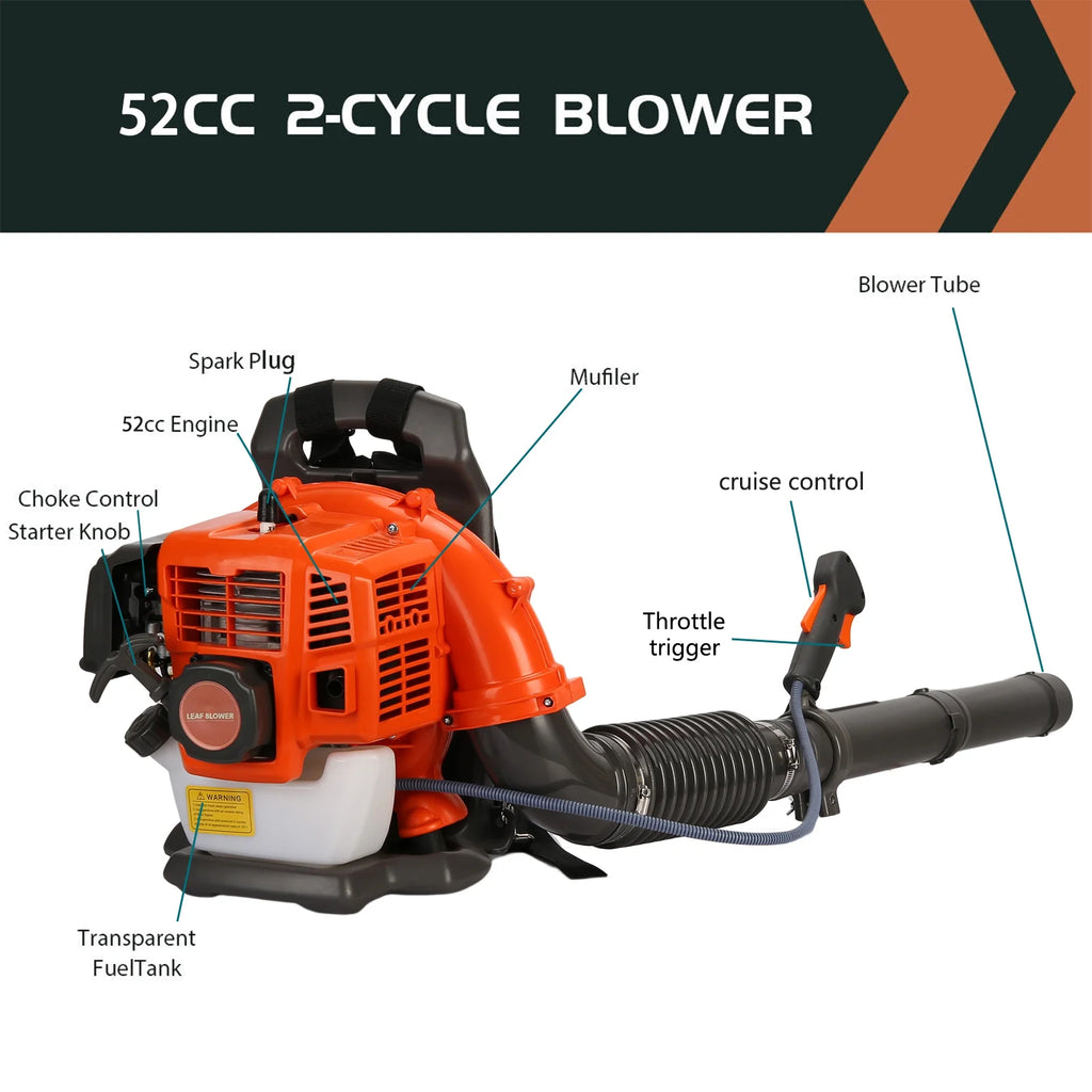 2026 Birinta 1 Set Leaf Blower Backpack Style 52CC Two-stroke 1.25 KW Adjustable Tube Gas Powered Dust Blower Supplies for Garden Patio Cleaning, Lawn Care, Blowing Leaves and Dust