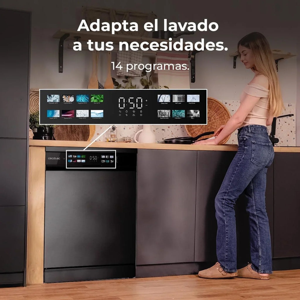 2026 Cecotec Lavavajillas 60 cm Libre Instalación Bolero Aguazero 6210 Dark D. 15 Cubiertos, Bajo Consumo, Pantalla Fullcolor XXL, Tercera Bandeja, 8 Programas, Dual Zone Wash, Bandeja Ajustable, Dark