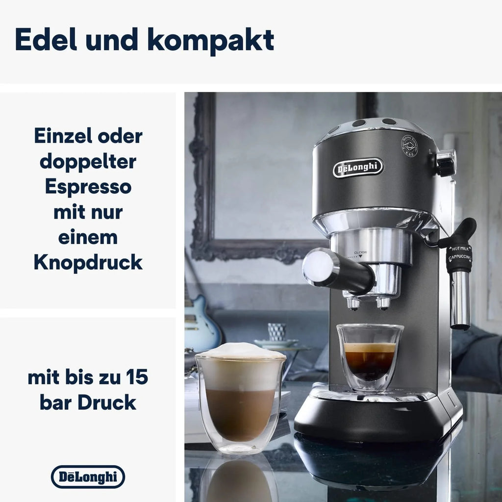 Cafetera espresso De'Longhi Dedica Style EC 685.M de 2026 con portafiltro, espumador de leche profesional, solo 15 cm de ancho, para café molido o cápsulas ESE, depósito de agua de 1 l, color plata.