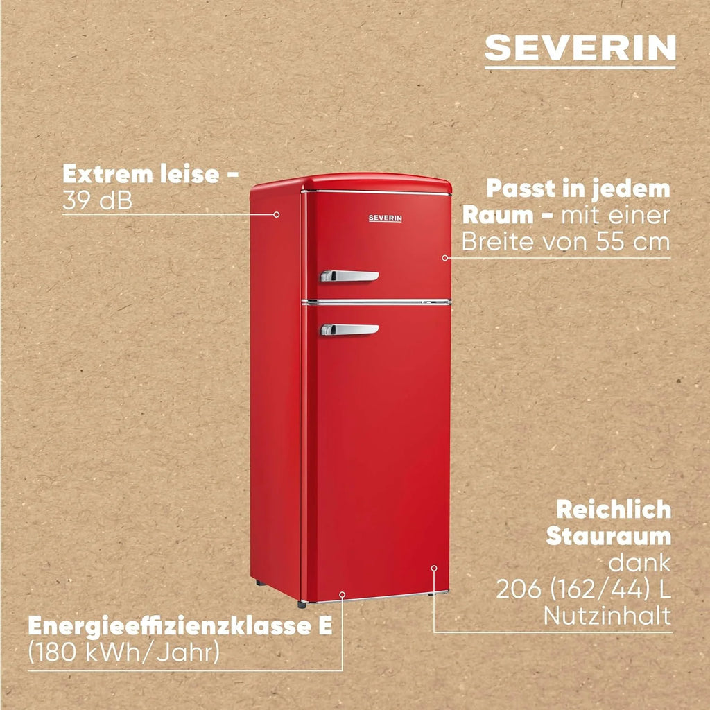 SEVERIN Retro 2026 – Combinación de frigorífico y congelador, una maravilla que ahorra espacio, 4 estantes regulables en altura y un amplio cajón para verduras, capacidad neta de 206 L, color crema, RKG 8933