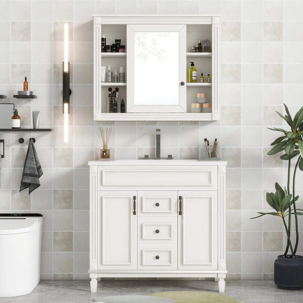 2026 Modern Bathroom Furniture Set, 36" Bathroom Vanity with Top Sink, 35" Wall Mounted Bathroom Storage Cabinet, Mirror Cabinet with 6 Shelves, Storage Cabinet with 2 Doors and 2 Drawers, Grey