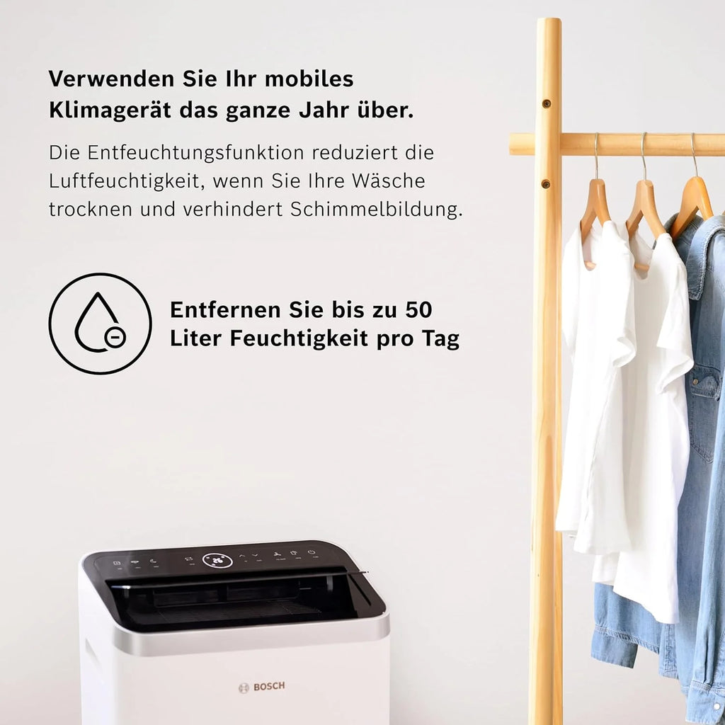 Aire acondicionado portátil Bosch Cool 4000 (modelo 2026) – 3 en 1: Aire acondicionado, deshumidificador y ventilador – 2,6 kW para habitaciones de hasta 35 m² – Con modo automático, modo silencioso y modo reposo.