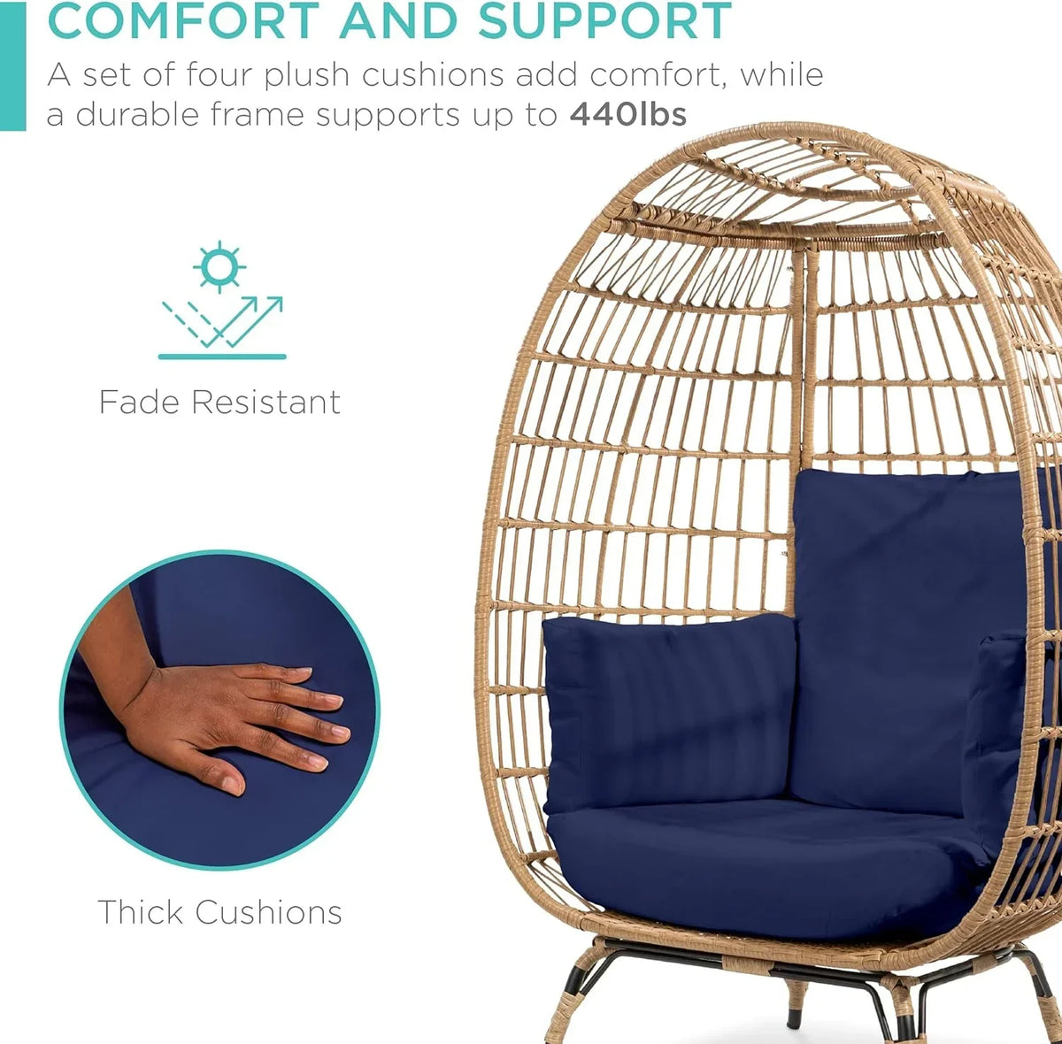 2026 Ivory Wicker Egg Chair, Oversized Indoor Lounger, 440lb Capacity, Bohemian Style, Steel Frame, Cushions Included