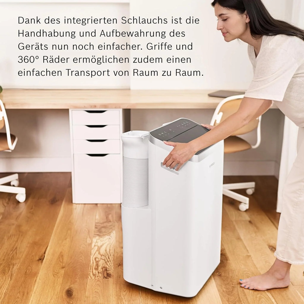Aire acondicionado portátil Bosch Cool 4000 (modelo 2026) – 3 en 1: Aire acondicionado, deshumidificador y ventilador – 2,6 kW para habitaciones de hasta 35 m² – Con modo automático, modo silencioso y modo reposo.