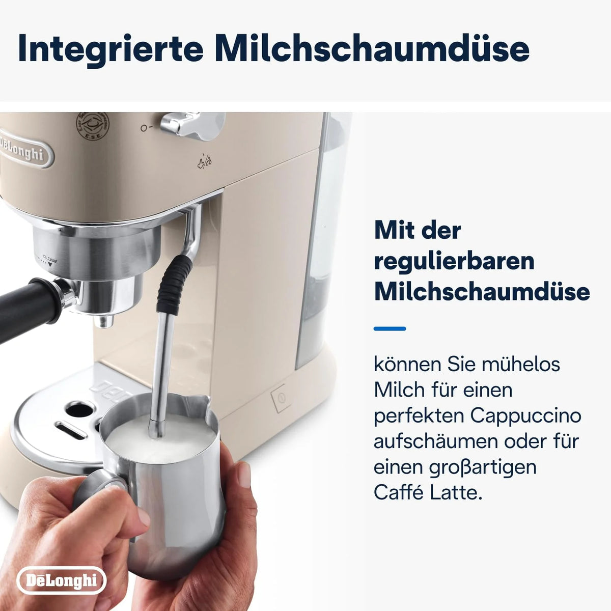 Cafetera espresso De'Longhi Dedica Style EC 685.M de 2026 con portafiltro, espumador de leche profesional, solo 15 cm de ancho, para café molido o cápsulas ESE, depósito de agua de 1 l, color plata.