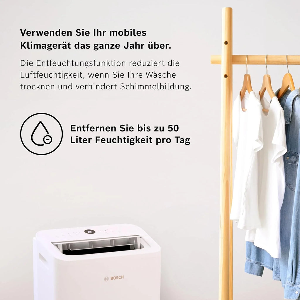 Aire acondicionado portátil Bosch Cool 4000 (modelo 2026) – 3 en 1: Aire acondicionado, deshumidificador y ventilador – 2,6 kW para habitaciones de hasta 35 m² – Con modo automático, modo silencioso y modo reposo.