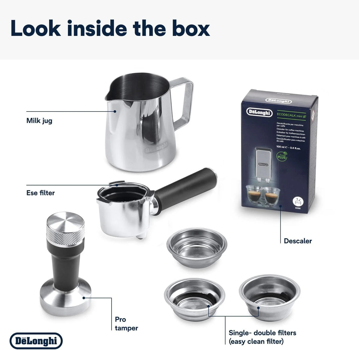 Cafetera espresso De'Longhi Dedica Style EC 685.M de 2026 con portafiltro, espumador de leche profesional, solo 15 cm de ancho, para café molido o cápsulas ESE, depósito de agua de 1 l, color plata.