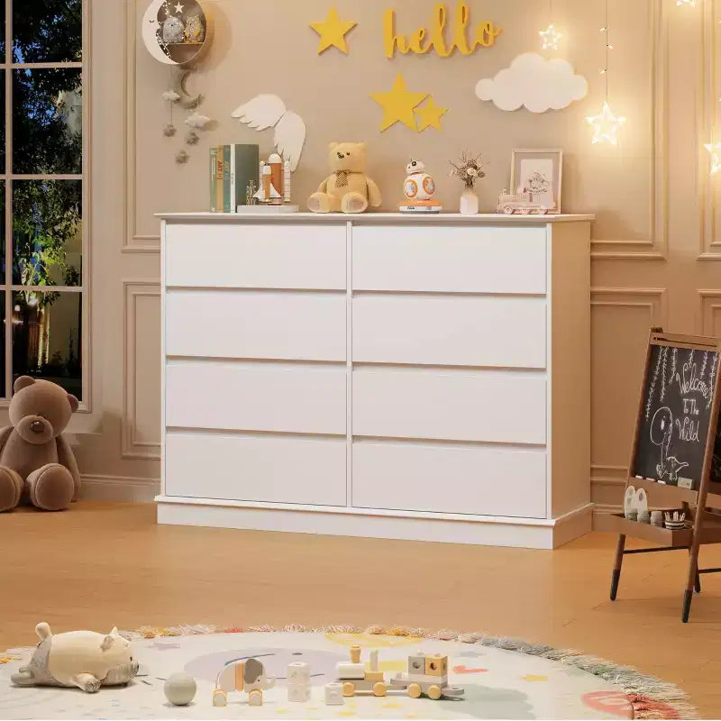 2026 Cómoda horizontal de 8 cajones – 130 cm de ancho, MDF resistente a los arañazos, cajones con acabado de lino sintético.