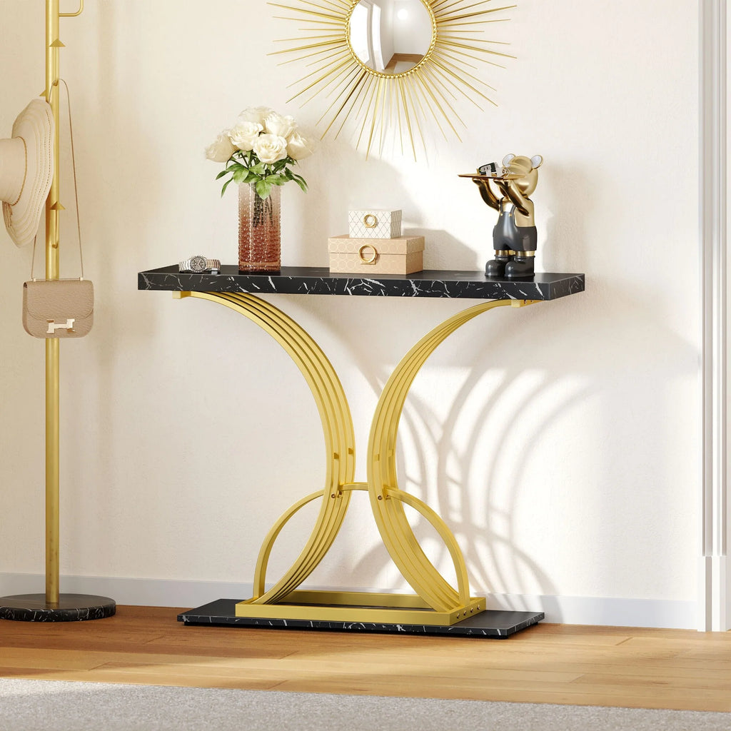 2026 Modern Gold Console Table with Marbled Top, Sofa Table for Entryway and Hallway