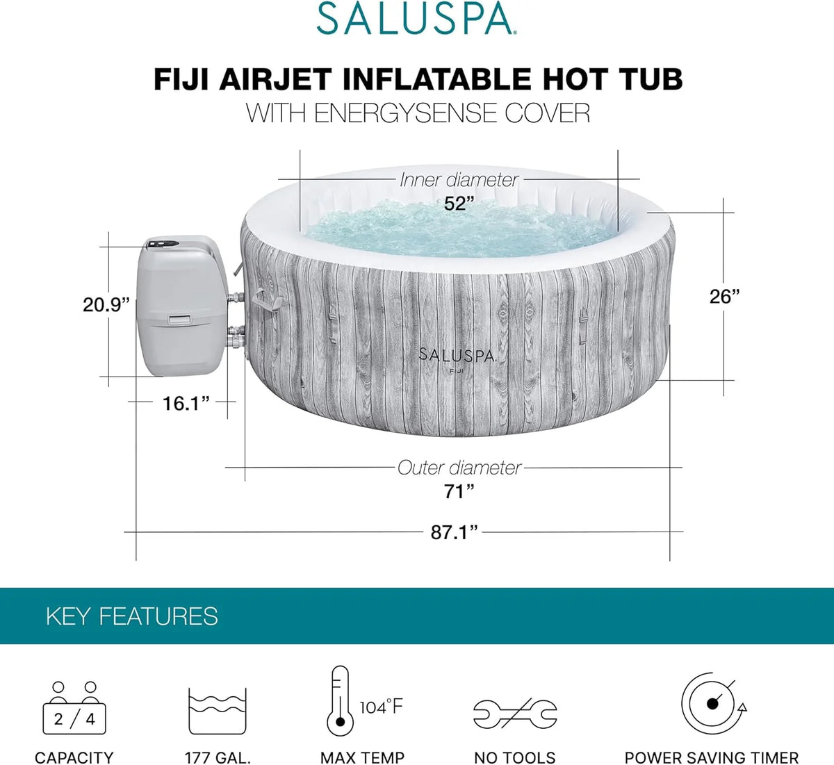 2026 Large Round 2 to 4 Person Inflatable Hot Tub Portable Outdoor Spa with 120 Airjets and Energysense Cover, Grey