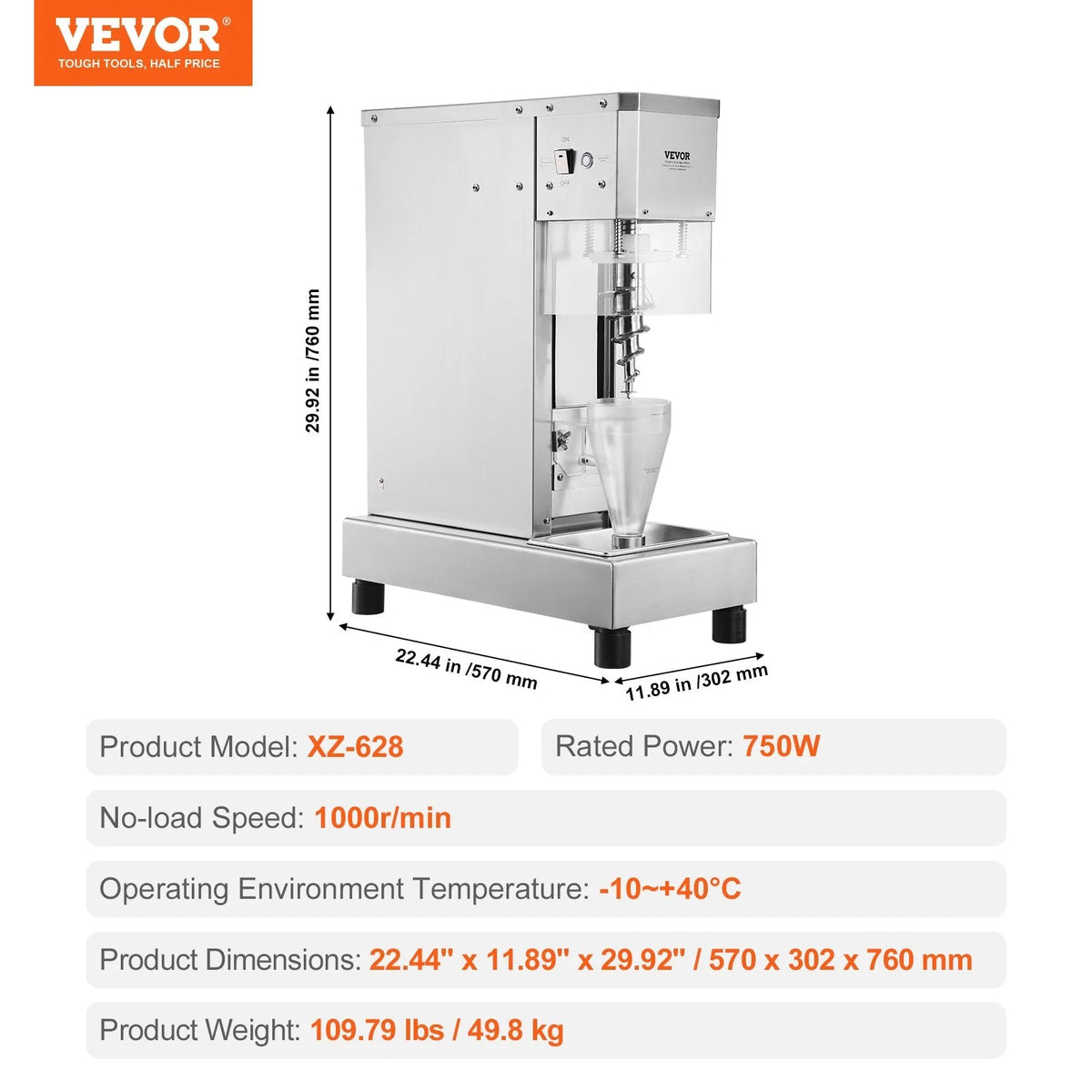 2026 Ice Cream Blender 750W High Speed Mixer 1740 Rpm 304 Stainless Steel New