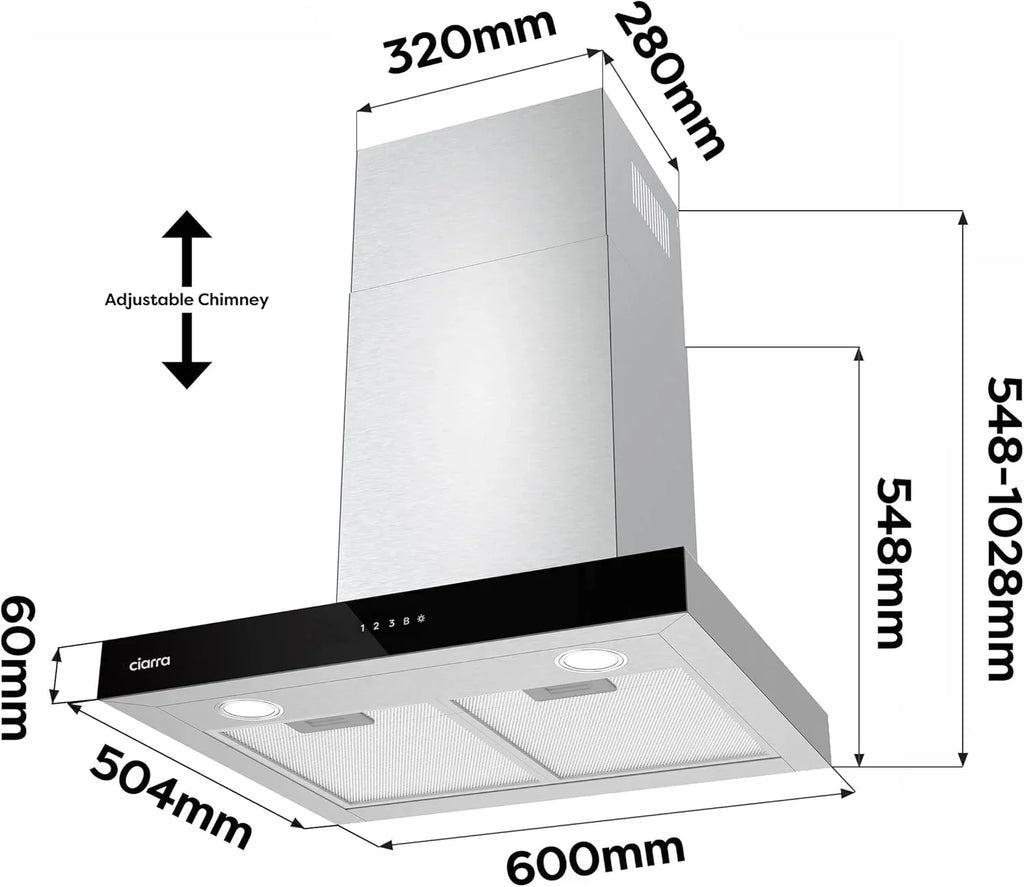 2026 Ciarra CBCS6102 Campanas Extractora 60cm 650 m³/h – Control Táctil y Wifi – 4 Velocidades – Evacuación al Exterior y Recirculación Interna por Filtro de Carbón CBCF003 – Acero Inoxidable