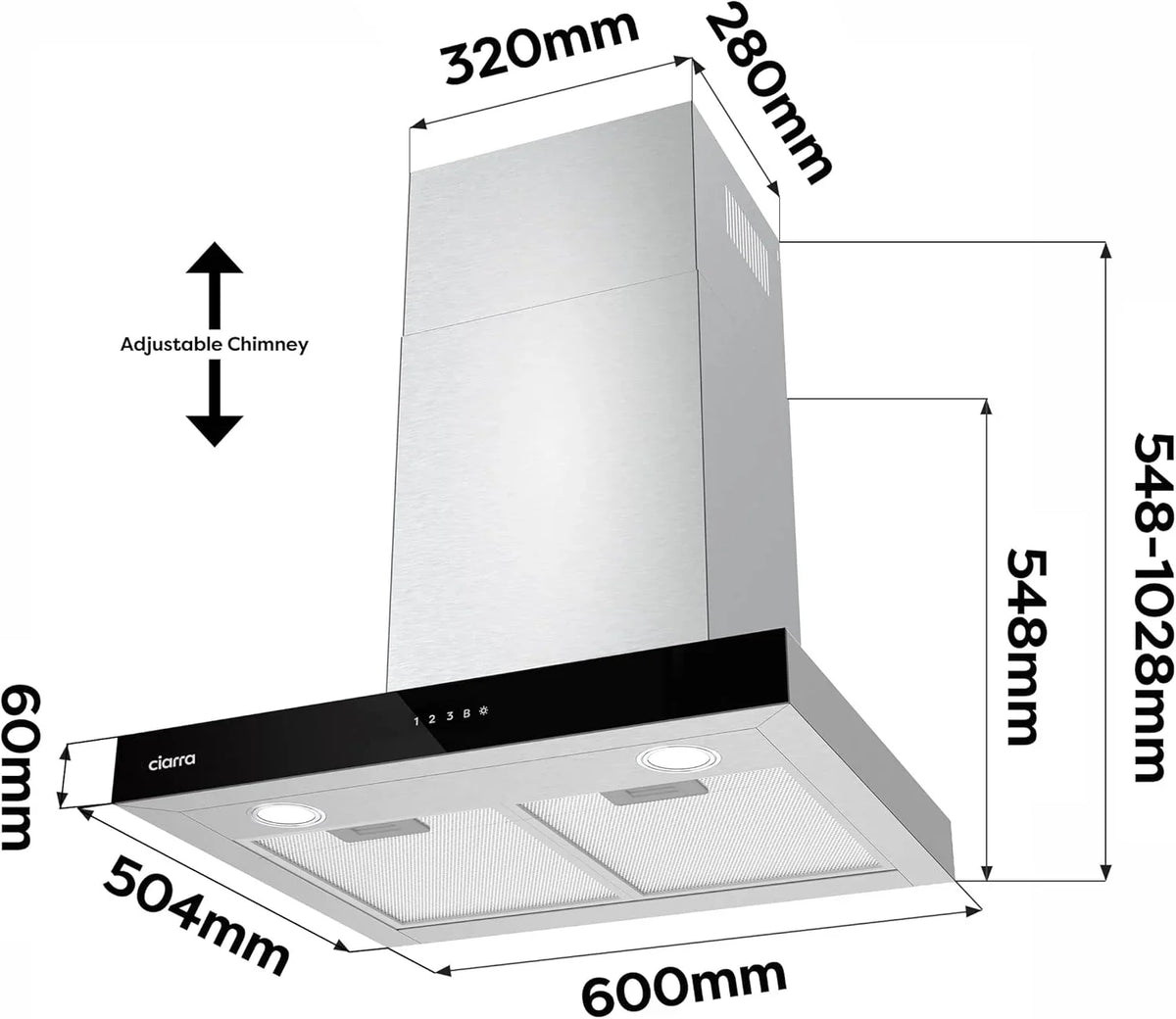 2026 Ciarra CBCS6102 Campanas Extractora 60cm 650 m³/h – Control Táctil y Wifi – 4 Velocidades – Evacuación al Exterior y Recirculación Interna por Filtro de Carbón CBCF003 – Acero Inoxidable
