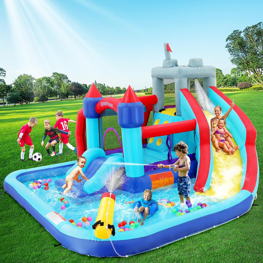 2026 Inflatable Water Slides for Kids 8-in-1 Bounce House Water Park with 450W Blower Climbing Wall, Splash Pool, 2 Water Cannons, Basketball Hoop, Water Slide, Crocodile Sprinkler for Gift Backyard Party
