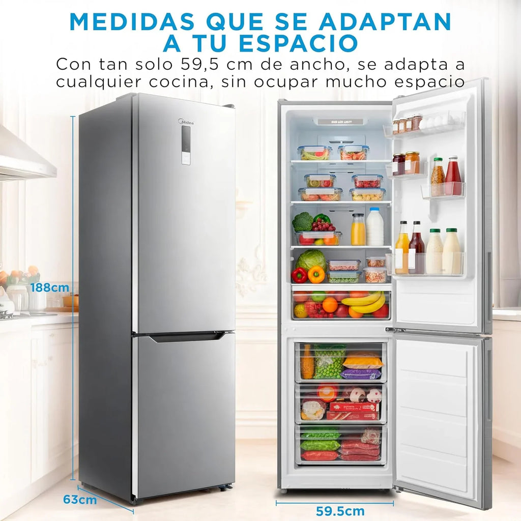 2026 Midea Frigorífico Combi No Frost | 60 cm ancho x 188 alto cm | Inox | Nevera libre instalación 224 L + 86 L Congelador – Refrigerador de bajo consumo con congelador vertical