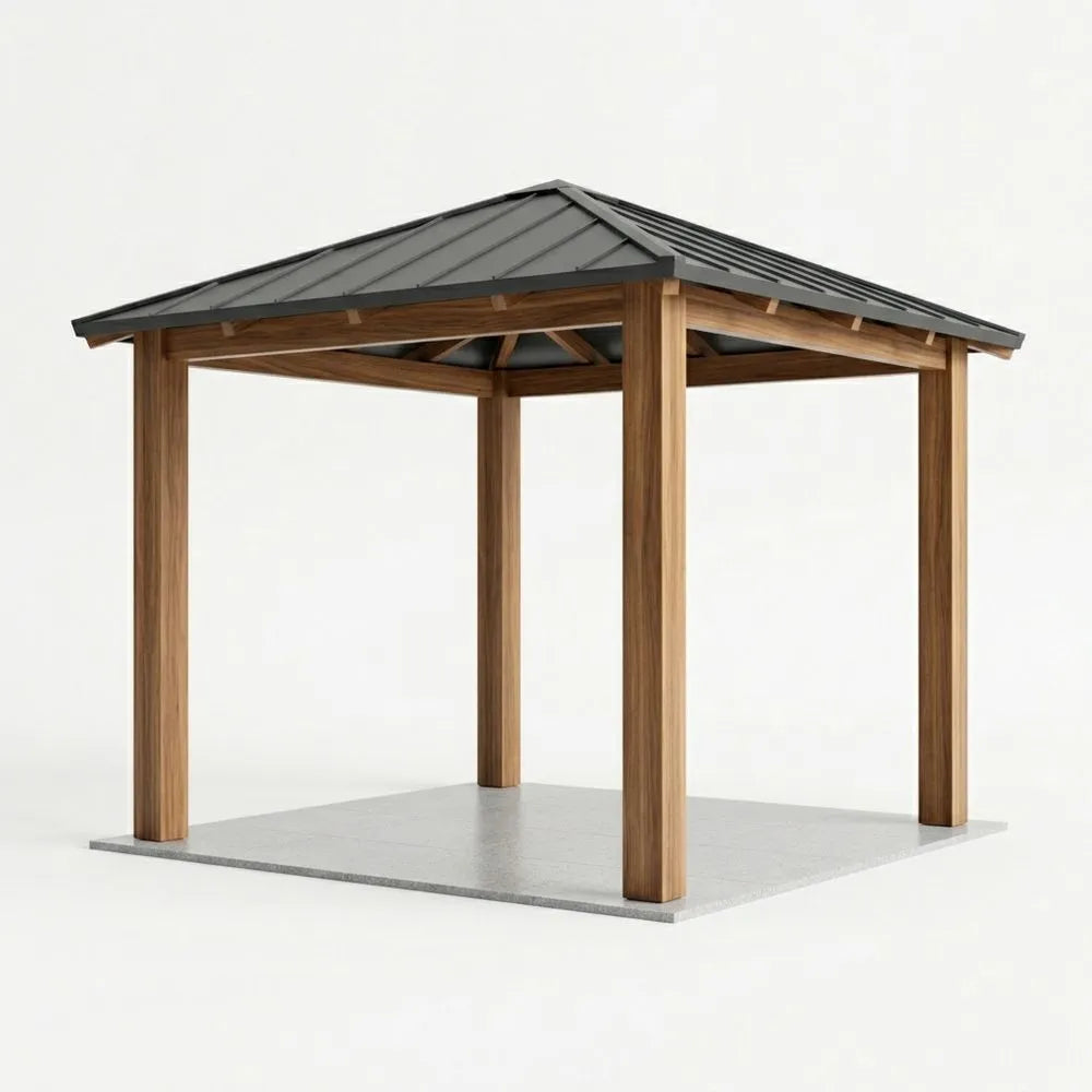 Pabellón de madera maciza con techo de acero gris, modelo 2026, 300 x 300 x 270 cm (largo x ancho x alto).