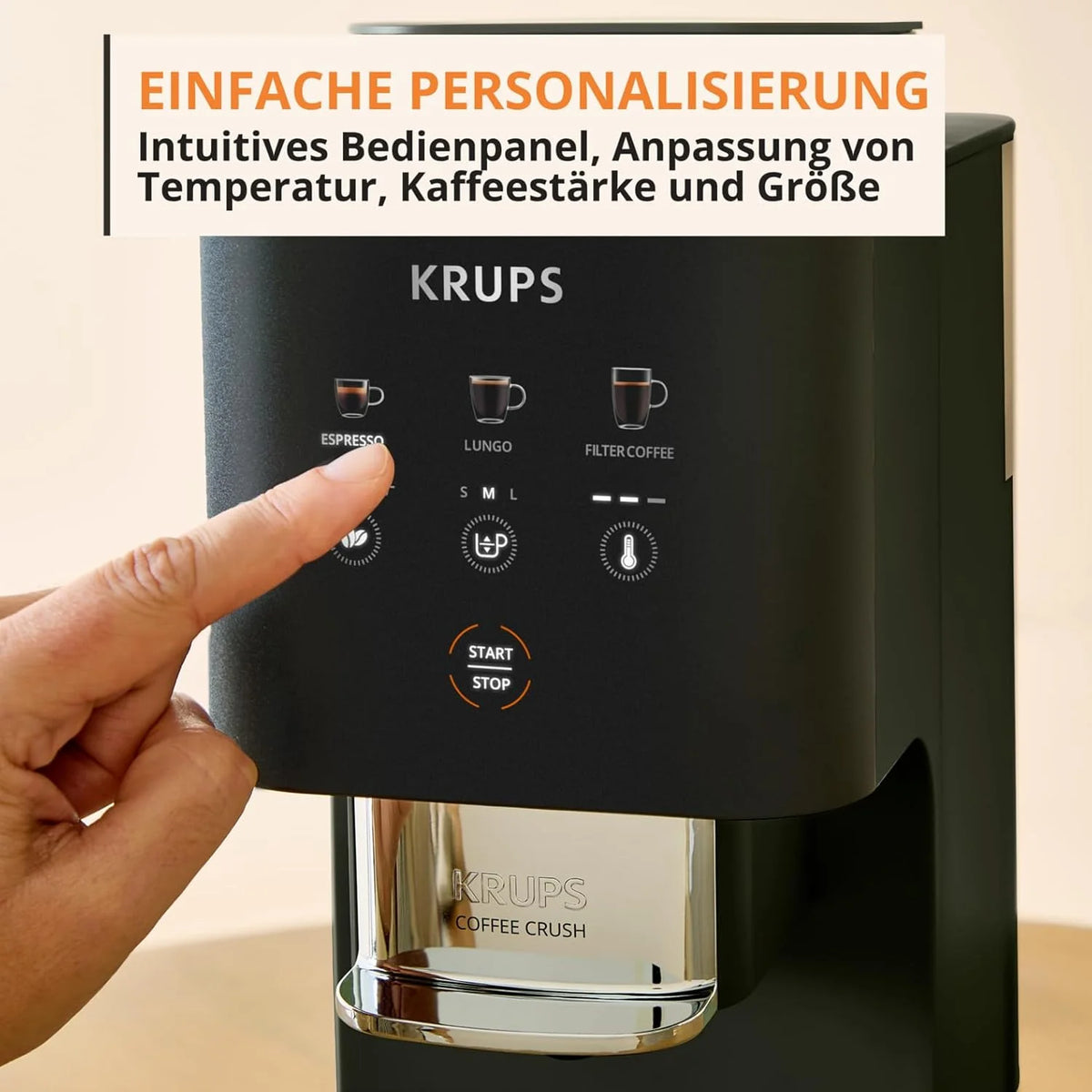 Cafetera automática Krups Coffee Crush Extra 2026, molinillo de acero inoxidable para café recién molido, solo 15 cm de ancho, panel de control inteligente, también para café premolido, fácil limpieza, color negro, SA4028E0