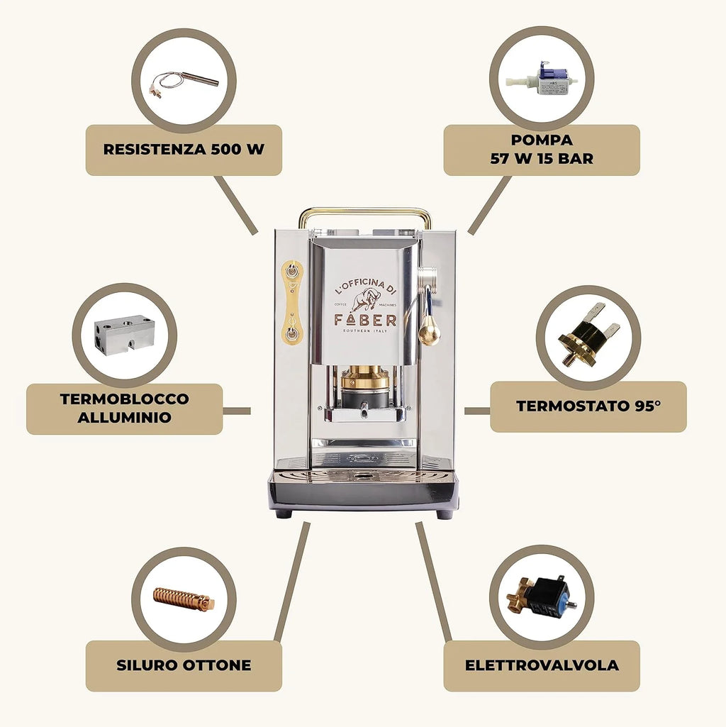 Cafetera Faber PRO Total Deluxe 2026, fabricada en latón, con papel ESE de 44 mm y capacidad de 1,3 litros (blanca).