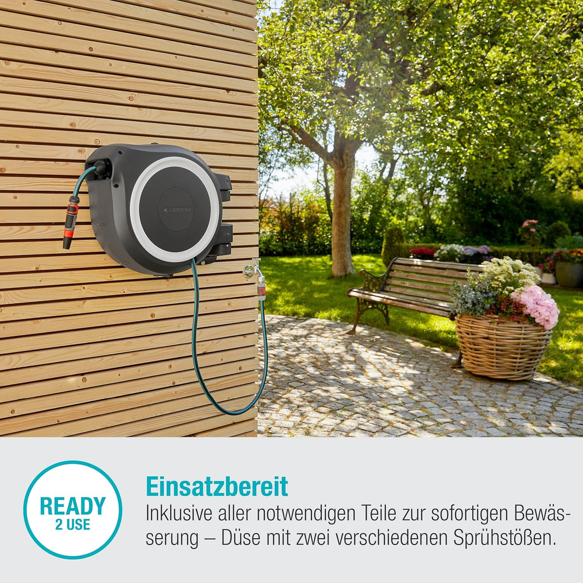 Caja enrollable para manguera Gardena de pared 2026 M/L (blanca) 25 m: riego flexible para jardines medianos y grandes, caja para manguera giratoria, incluye manguera Gardena de calidad de 25 m y accesorio de montaje (18622 – 20).