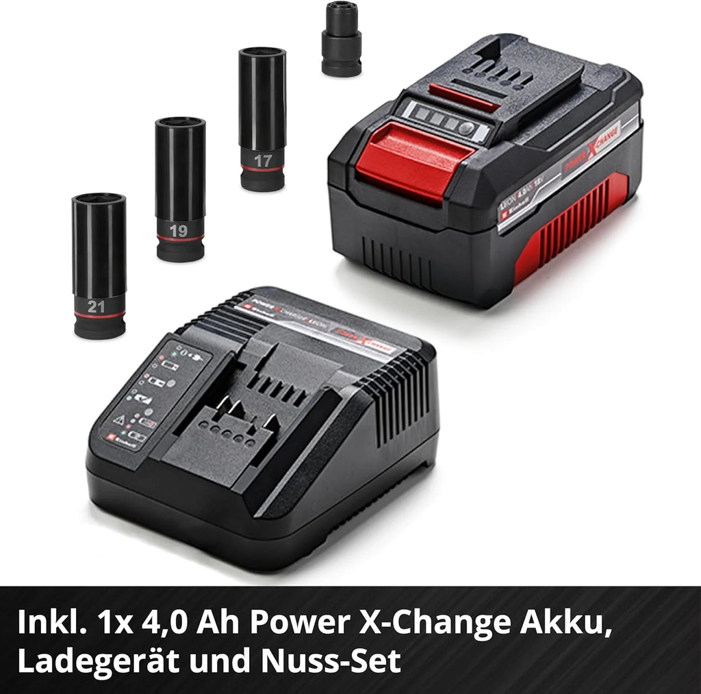 2026 Llave de impacto inalámbrica profesional Einhell IMPAXXO 18/450 (1x4.0Ah) Power X – Change (18 V, 450 Nm, sin escobillas, accionamiento cuadrado externo, incluye batería de 4 Ah, cargador y juego de vasos)