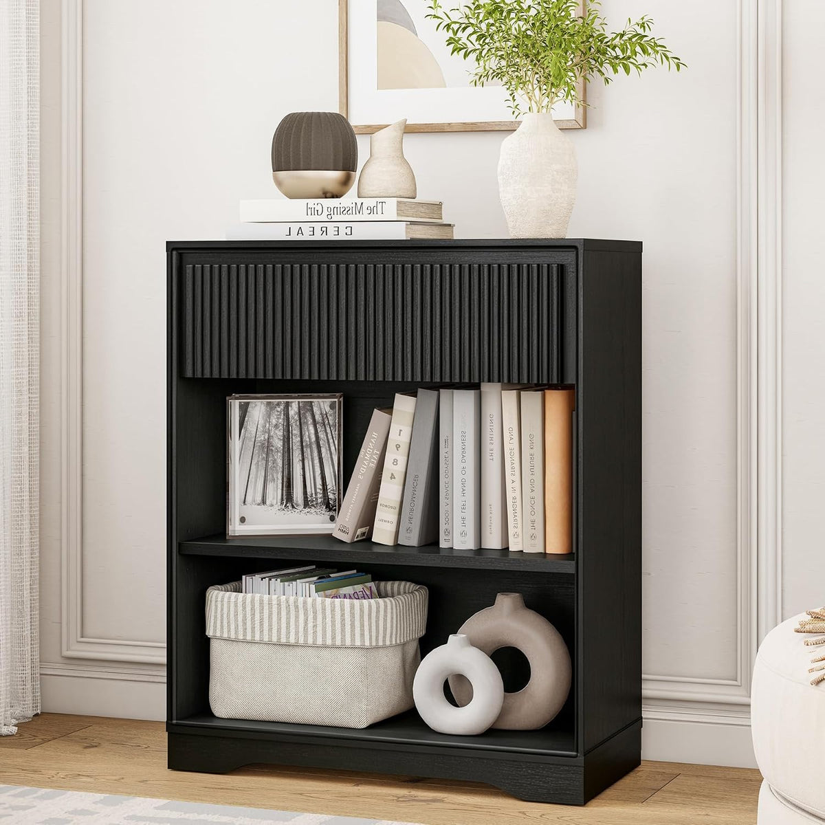2026 Small Bookcase with Fluted Drawer, 3-Tier Wood Bookshelf with Storage, Short Narrow Display Shelf for Small Spaces, Living Room, Home Office (Dark Walnut)