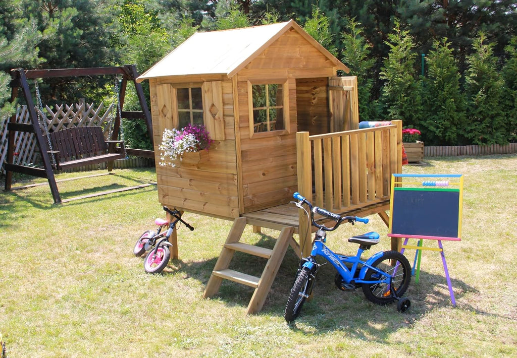 Casita de juegos infantil de jardín 2026 – Casita de juegos exterior para niños – Fabricada en madera de pino cepillada impregnada – Casita de juegos de jardín original y única – Tipo de madera: Pino cepillado