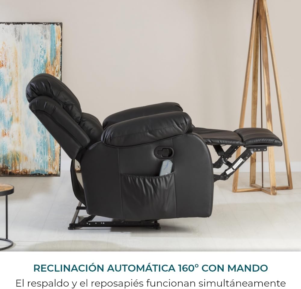 Don Descanso - Sillón Masaje Relax Calor Trevi Negro Reclinable 160º con 8 Motores Silenciosos, Calor Lumbar, Sist. Masaje 4 Zonas y Acabado en PU Anti-Cuarteo [Incluye Mando]. Ideal Gente Mayor 2026