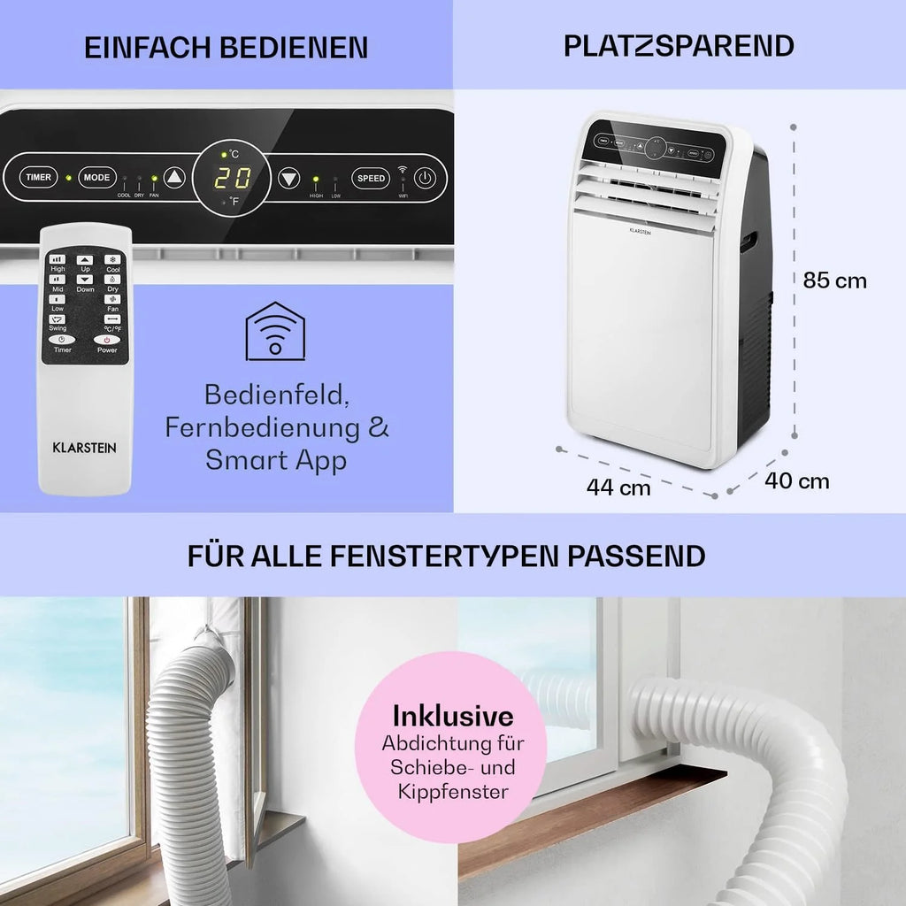Aire acondicionado móvil Klarstein 2026 con manguera de escape, aire acondicionado 4 en 1 con ventilador, deshumidificador y modo nocturno, aire acondicionado pequeño y portátil para el hogar y la oficina, bajo consumo de energía, 9000 BTU.