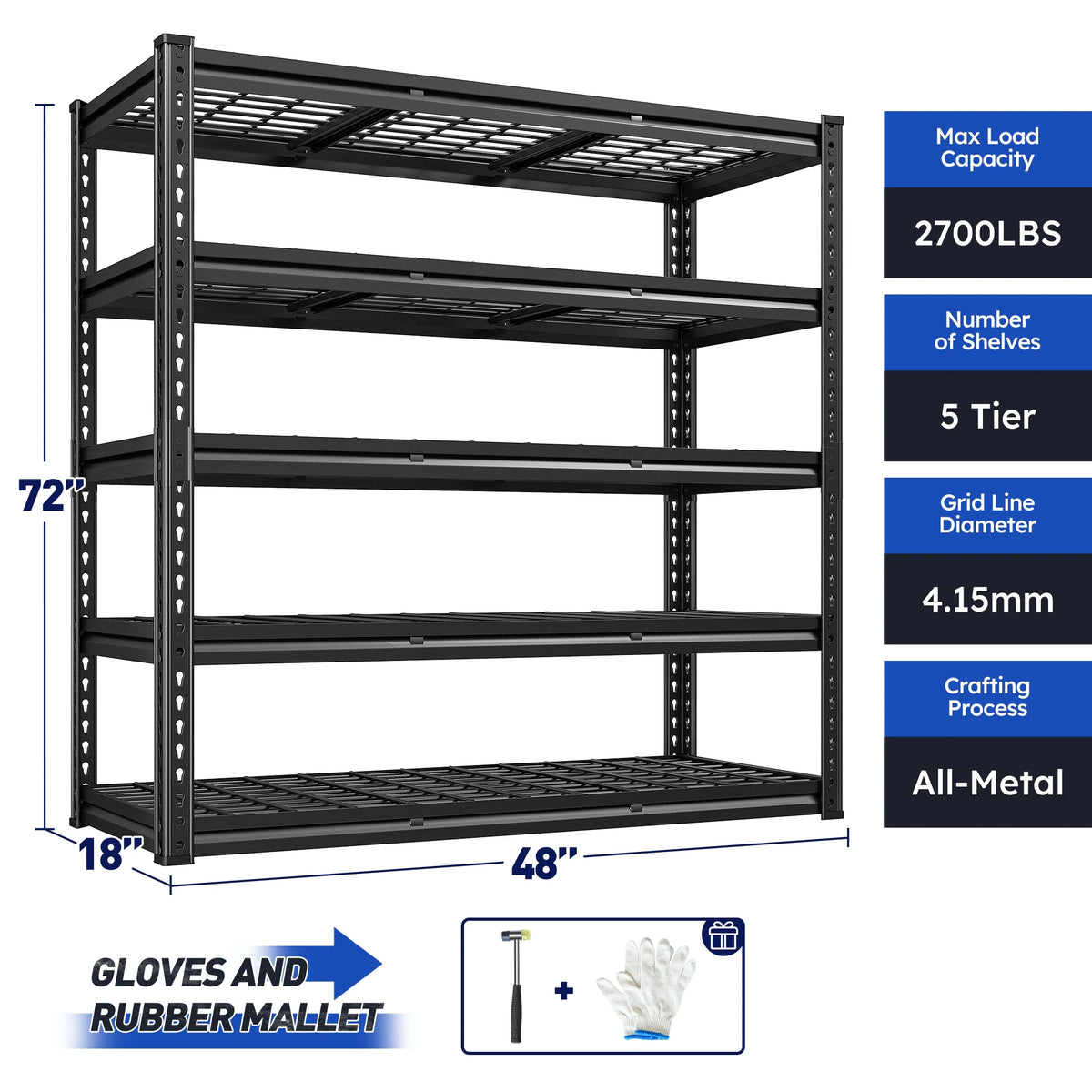2026 REIBII 48" W Garage Shelving Units 5 Tier Storage Shelves Heavy Duty Adjustable Metal Utility Shelf-72" H x 48" W x 24" D